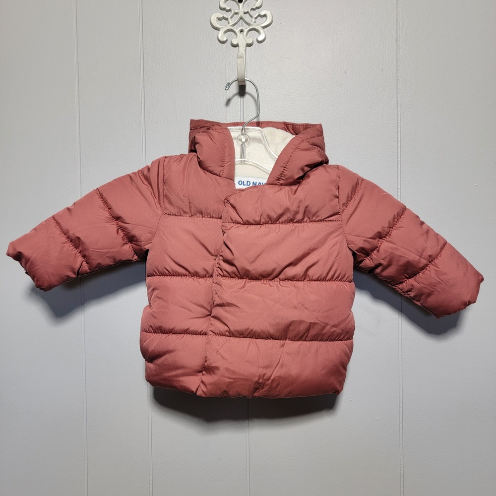 Old Navy Baby Bear Ear Hooded Puffer Jacket Dusty Rose 6-12M Water-Resistant